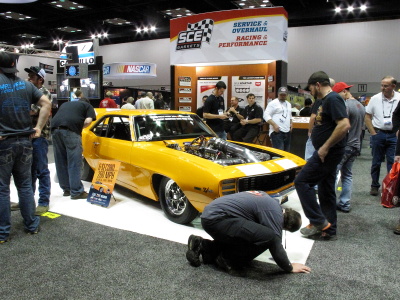 1969 Yellow Z28 Camaro in SCE Gaskets booth