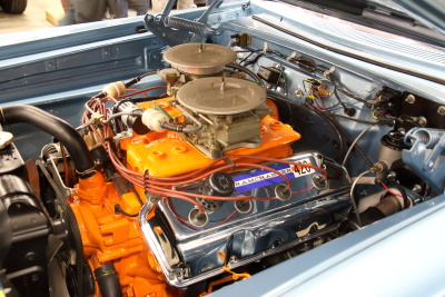 Hemi under the hood of the 65 Dodge