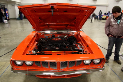 Orange Plymouth Baracuda straight front shot with hood open
