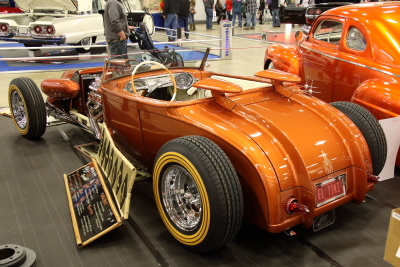 Back 3/4 shot from drivers side. John & Susie Cooper's copper 1929 Ford Roadster